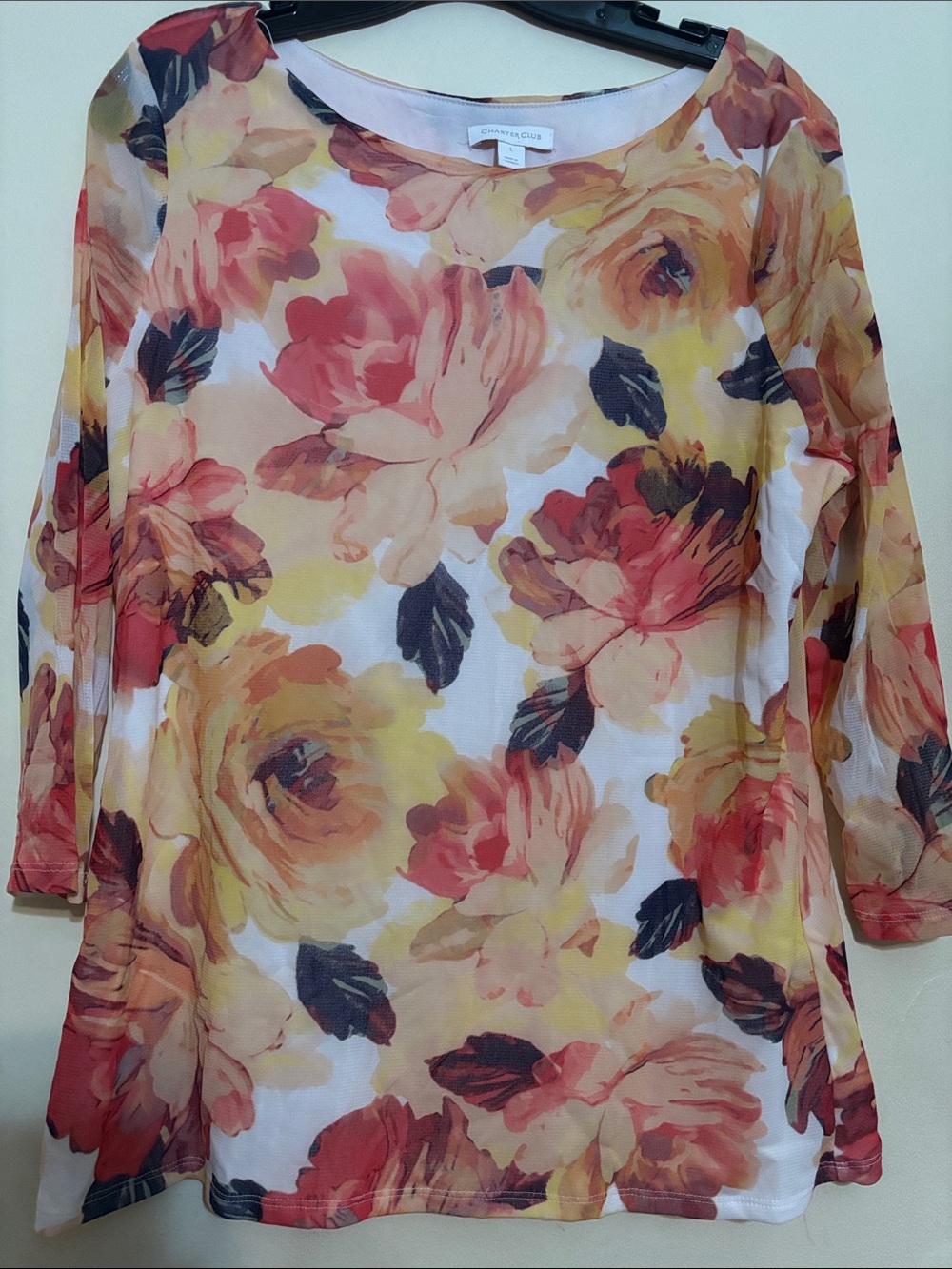 croft & barrow Floral Sheer Tunic in White with Yellow and Pink Blooms